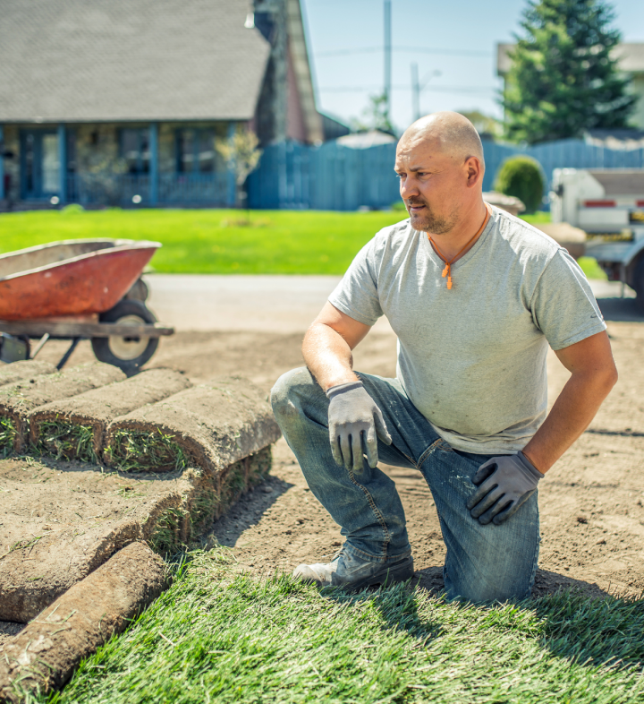 Landscaper bent down in some grass